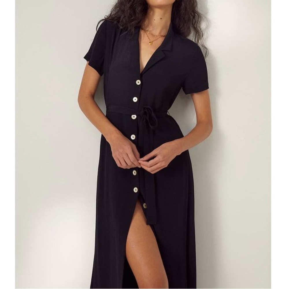 WILFRED BLACK SHORT SLEEVE NOTCH LAPEL
BELTED BUTTON-UP MIDI SHIRT DRESS XS